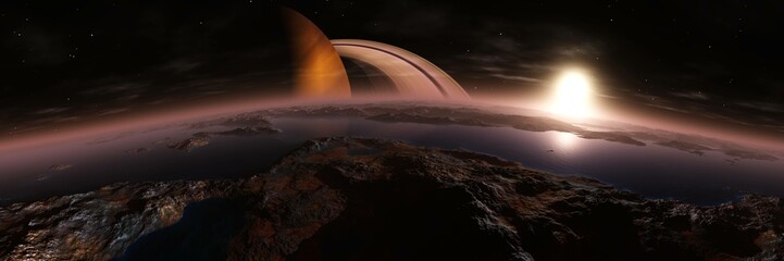 Beautiful alien landscape at sunrise, satellite of saturn at sunset, , 3d rendering