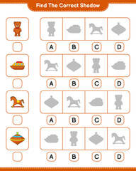 Find the correct shadow. Find and match the correct shadow of Teddy Bear, Rocking Horse, Boat, and Whirligig Toy. Educational children game, printable worksheet, vector illustration