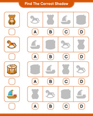 Find the correct shadow. Find and match the correct shadow of Boat, Drum, Teddy Bear, and Rocking Horse. Educational children game, printable worksheet, vector illustration