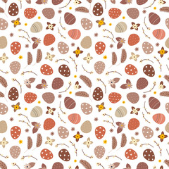 Boho seamless background of Easter eggs and flowers and pussy willow. Vector illustration 