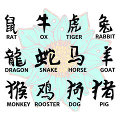 a set of Chinese characters for the zodiac animals with a description in English. Horoscope by year of birth. Blue lotus. Vector illustration