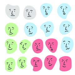 Faces with different emotions. Cartoon style. Vector set of emoticons. Sad and happy mood icons. Flat design. Hand-drawn fashionable vector illustration.