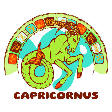 Capricorn horoscope. Image of a mythical zodiac animal. Colored illustration for calendar design