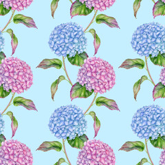 Watercolor floral seamless pattern. Hand painted pink and blue Hydrangea flowers with leaves on blue background. Flowering Hortensia plant vertical ornament. Floral design for wallpaper, fabrics