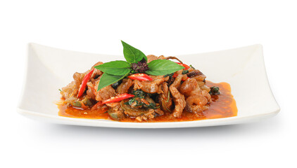 Stir Fried Wild Boar with Red Curry isolated on white background with clipping path, thai food style, Spicy thai food stir fried with Thai herb.