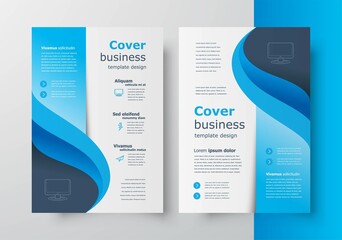 Flyer Blue curves waves brochure design template business cover - obrazy, fototapety, plakaty