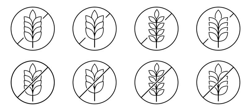 Gluten free icon set. Wheat symbol in line. Outline gluten free symbol in circle. Wheat product label. Gluten symbol in line
