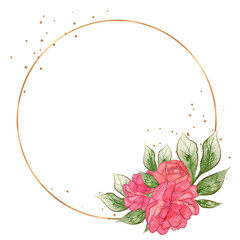 Geometric golden frame with peonies flowers illustration.