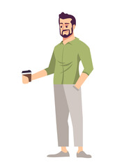 Employee happiness semi flat RGB color vector illustration. Bearded man having coffee break isolated cartoon character on white background