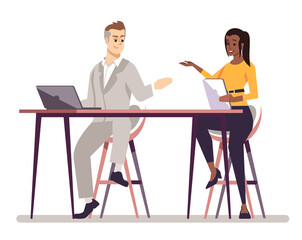 Employee collaboration semi flat RGB color vector illustration. Colleagues discussing work plan isolated cartoon characters on white background