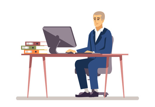 Ergonomic workstation semi flat RGB color vector illustration. Pleased office worker sitting in front of computer isolated cartoon character on white background