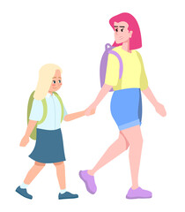 Going to school together semi flat RGB color vector illustration. Sisters with backpacks isolated cartoon character on white background