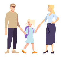 Bringing child to school on first day semi flat RGB color vector illustration. Joyful family holding each other hands isolated cartoon characters on white background