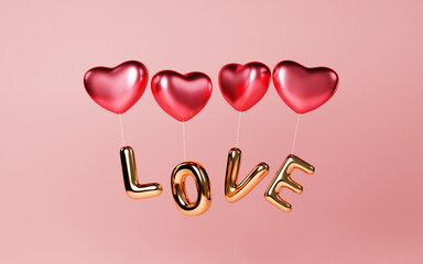 Heart shape balloons carrying love letters. 3D rendering.