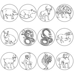 Fototapeta premium Eastern horoscope. Set of animals drawn by black lines. Vector illustration.