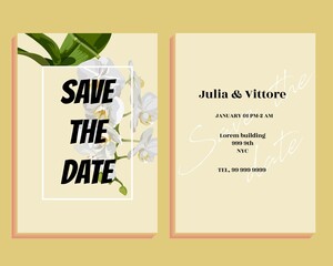 Botanical wedding invitation card template design, white orchid flower on yellow background, minimalist frame or birthday invitation.