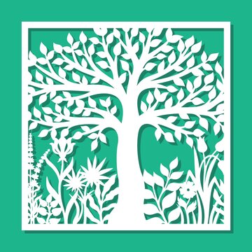 Square panel with a tree, grass, flowers. Painting with a floral motif, lavender, bluebells, tulips, leaves. Template for plotter laser cutting of paper, metal engraving, wood carving, cnc. Vector.