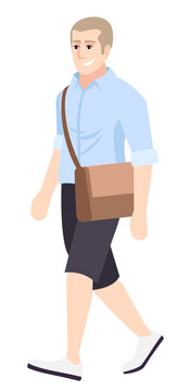 Guy wearing casual outfit semi flat RGB color vector illustration. Walking man with cross body bag isolated cartoon character on white background