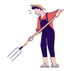 Farm chores semi flat RGB color vector illustration. Male harvester using pitchfork isolated cartoon character on white background