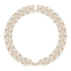 round vintage frame made of oak leaves and acorns. Alcoholic drinks label design. Vector illustration