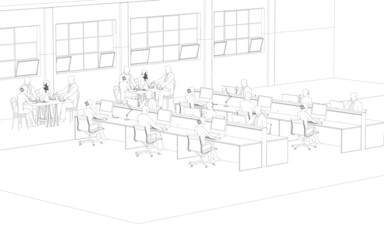 Fototapeta premium Outline of a large office with people working at computers and workers dining at the side at the table from black lines isolated on a white background. Perspective view. Vector illustration