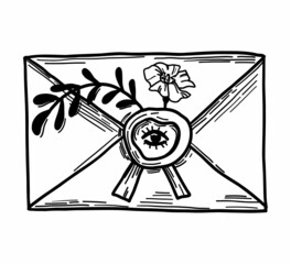 The magic envelope. Love spell. Hand drawn vector illustration. Linear drawing isolated on a white background.