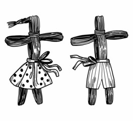 Magic dolls boy and girl. Dolls made of thread. Ritual dolls made of straw. Vector hand drawn illustration.