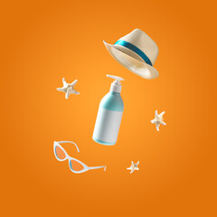 Blue bottle for cosmetics products with beach hat, and sunglasses flying on bright orange color background. Levitation. Skincare creative concept. Summer Mock-up