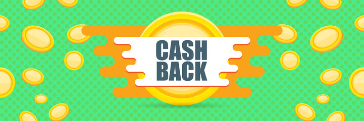 vector cash back horizontal banner design template with cash back icon and coins isolated on mint green background. cashback or money refund label horizontal banner