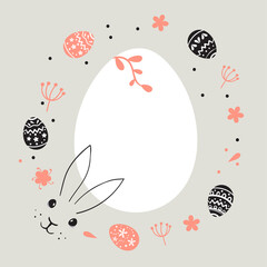 Bunny face and Easter Egg small flowers, leaves around. Vector illustration. Contour simple character. in circle banner.