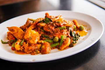 Close up of Thai food Stir-fried Prawns with Chili