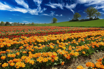Fototapeta premium View on valley with colorful rows yellow and red tulips field , green hill with trees against blue summer sky - Grevenbroich, Germany