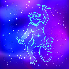Fototapeta na wymiar year of the monkey. The contour drawing of the animal against the background of the starry sky. Eastern, Chinese horoscope. Vector illustration