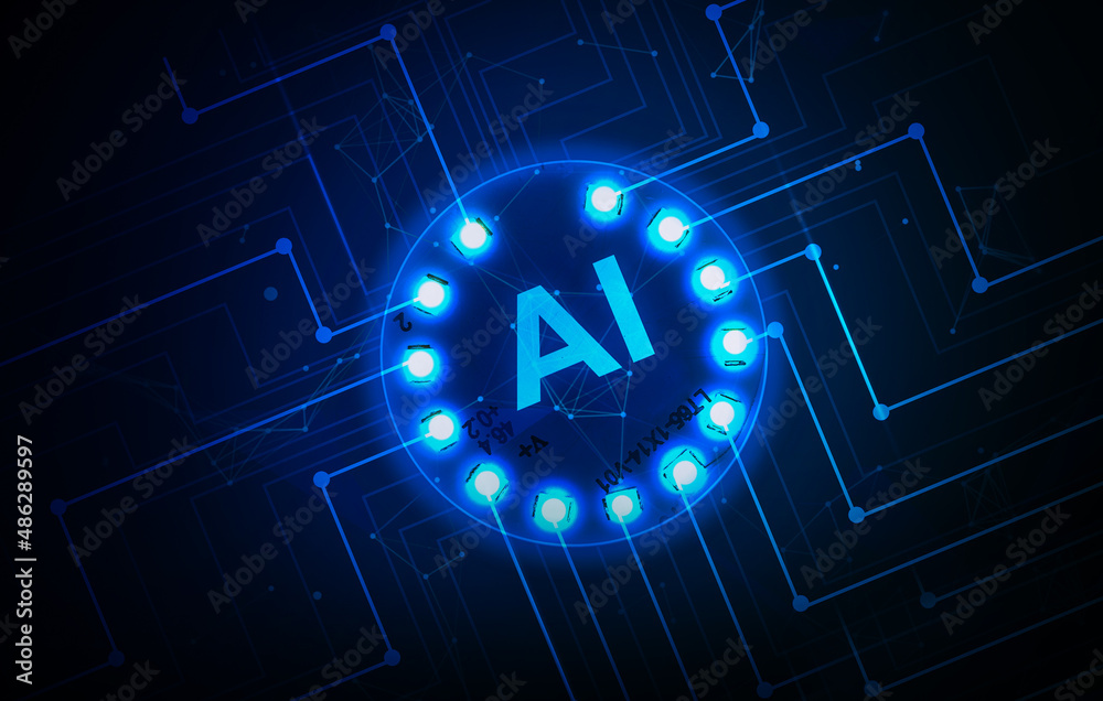 Poster artificial intelligence abstract background concept wallpaper with glowing node lines and circuits. 