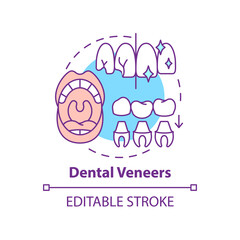 Dental veneers concept icon. Aesthetic dentistry type abstract idea thin line illustration. Improving teeth appearance. Isolated outline drawing. Editable stroke. Arial, Myriad Pro-Bold fonts used