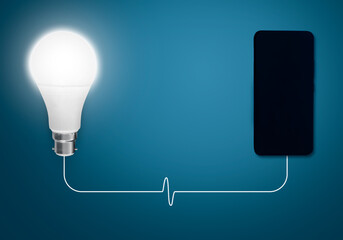 Idea Bulb Connected with Mobile and Transfering Current Through Wire. Abstract Glowing Bulb Background connected with mobile
