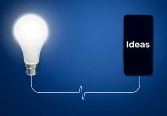Ideas Generating Concept Abstract Technology Background with Glowing Bulb and Mobile Connected. Tech and futuristic backdrop 