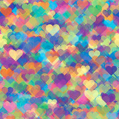 Fototapeta na wymiar Seamless pattern background from random colored transparent hearts.