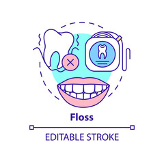 Floss concept icon. Preventing gum disease abstract idea thin line illustration. Removing food and plaque between teeth. Isolated outline drawing. Editable stroke. Arial, Myriad Pro-Bold fonts used