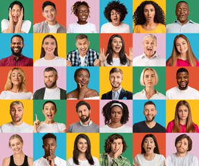 Obraz na płótnie Canvas Set of multiethnic people faces showing various emotions to camera, posing on colorful backgrounds. Generation diversity