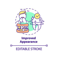 Improved appearance concept icon. Cosmetic dentistry benefit abstract idea thin line illustration. Regular dentist visits. Isolated outline drawing. Editable stroke. Arial, Myriad Pro-Bold fonts used