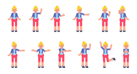 Set of blonde woman showing various hand gestures. Cute lady pointing, showing thumb up, victory and other gestures. Modern vector illustration