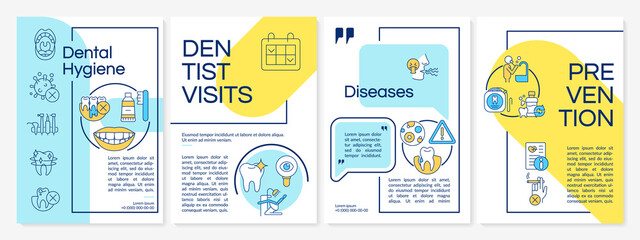 Oral health blue and yellow brochure template. Dentist visits. Prevention. Leaflet design with linear icons. 4 vector layouts for presentation, annual reports. Questrial, Lato-Regular fonts used - obrazy, fototapety, plakaty