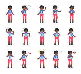 Set of black woman showing various emotions. Cute lady thinking, laughing, crying, sad, tired, in love and showing other expressions. Modern vector illustration