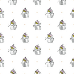 Seamless pattern with line art style cupcake. Vector texture in gentle colors. Cute illustration for menu, paper, fabric, textile, wrapping, scrapbook paper.