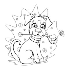 Coloring page. Happy doggy with butterfly sits and holds a rose
