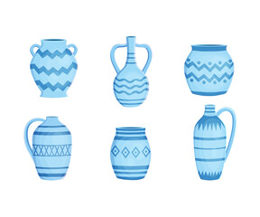 Set with different blue earthenware ceramic pottery with ornament vector illustration in a cartoon flat style isolated on white background.