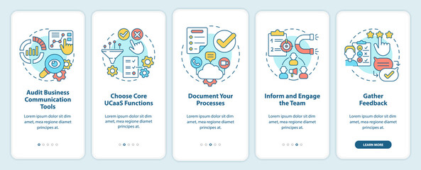 How to move to UCaaS onboarding mobile app screen. Network build walkthrough 5 steps graphic instructions pages with linear concepts. UI, UX, GUI template. Myriad Pro-Bold, Regular fonts used