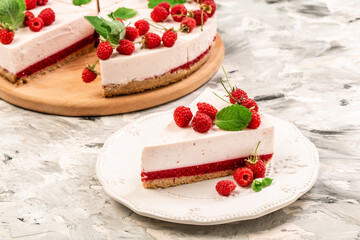 Homemade cheesecake with fresh berries and mint, healthy organic summer dessert pie cheesecake. Vanilla Cheese Cake with cheese