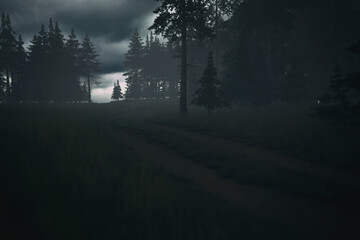 Dirt road with tire tracks in dark misty pine forest under a cloudy sky. 3D render.
